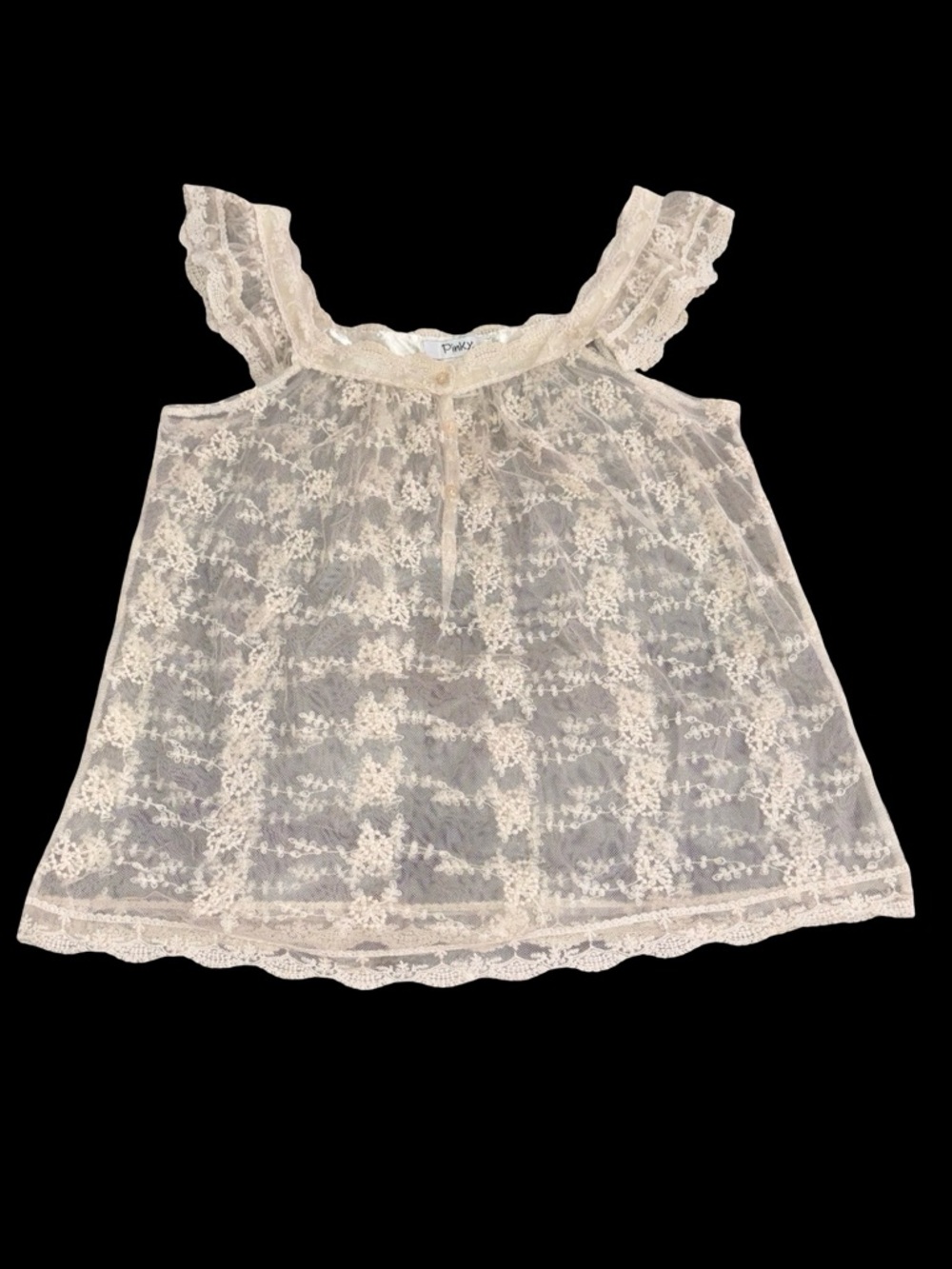 Pinky Lace Sheer Babydoll Top Cream Floral Embroidered Size L